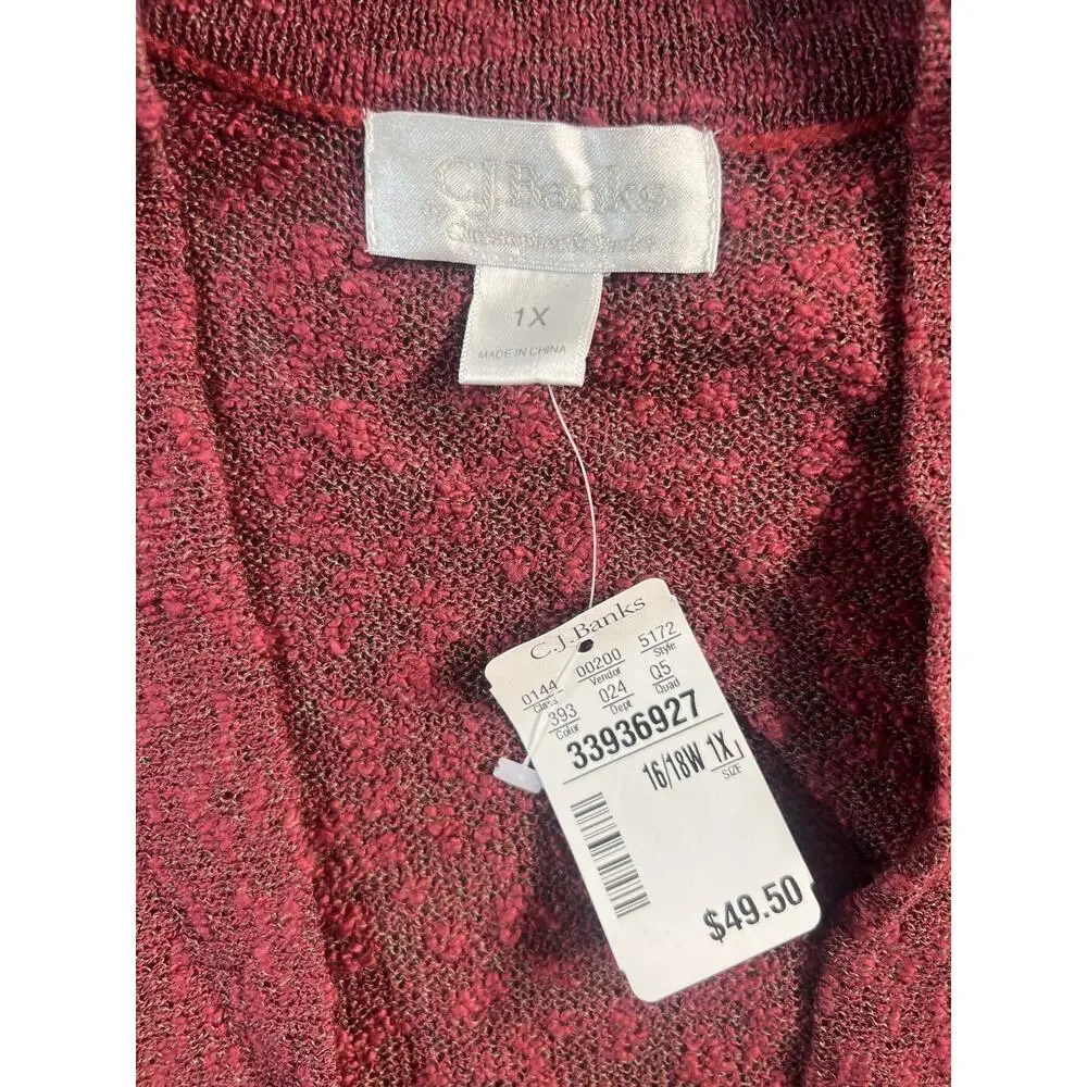 C.J. Banks Women's 1X Burgundy Marled Open Front Cardigan Sweater New